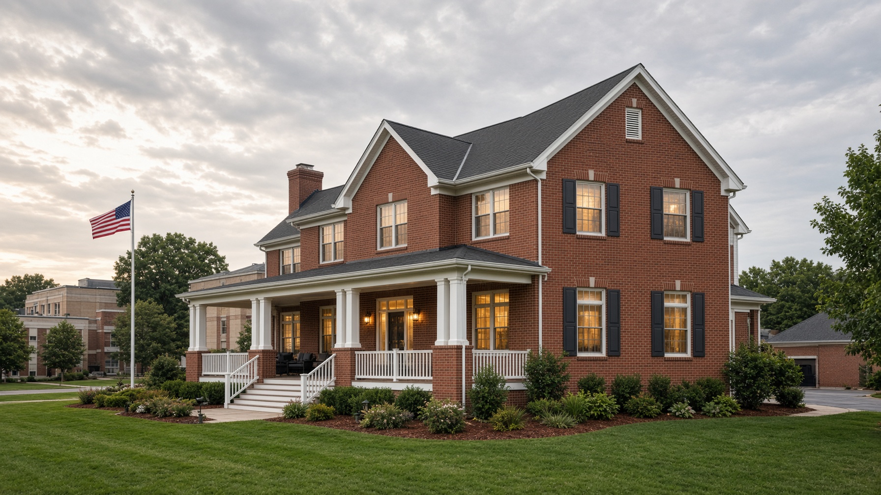 Brick comfort home on a medical campus with an American flag