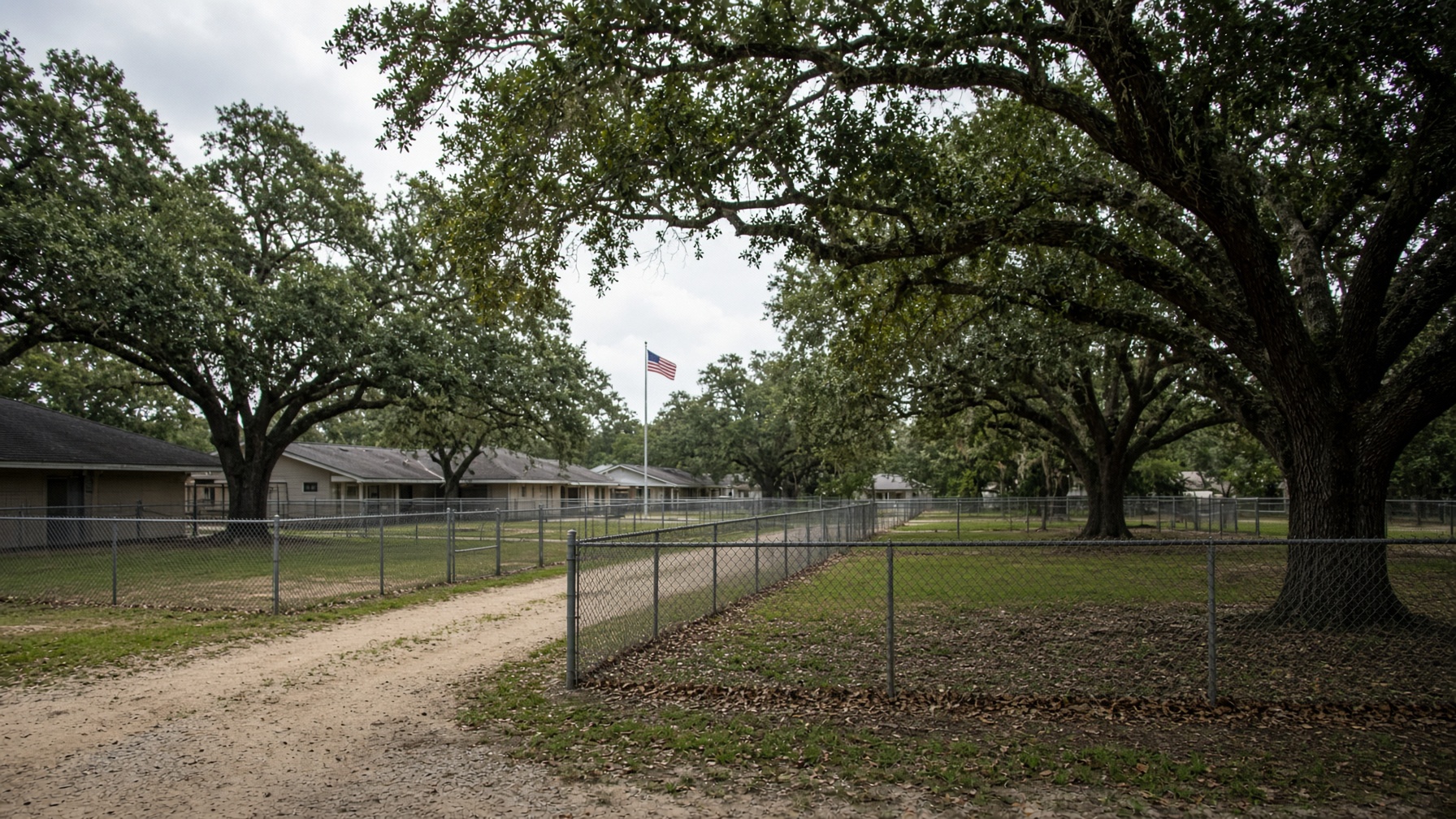 Florida service-dog training campus with kennels and oaks